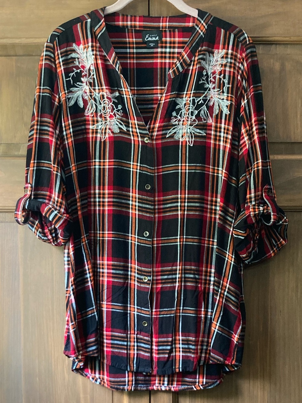 Simply Emma Red, Black, & Orange Plaid Button-up Top 2X